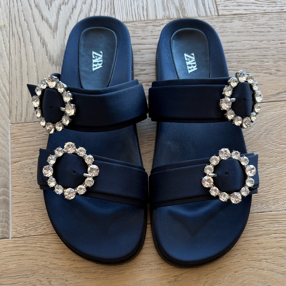 Zara Women's Navy Satin Slide Sandals with Crystal Buckles